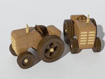 Two Wooden Block Toy Tractors With Round Wheels And Classic Design 3d model