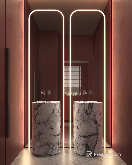 Bathroom Interior Design With Red Walls Backlit Mirrors And Two Marble Vanities 3d model