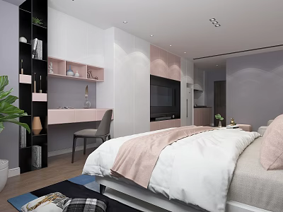 Modern Apartment Bedroom Featuring Pink Accents White Bedding Desk And Green Plants 3d model