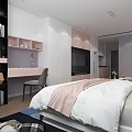 Modern Apartment Bedroom Featuring Pink Accents White Bedding Desk And Green Plants