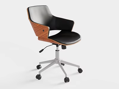 Modern Office Chair With Black Leather Seat Wooden Armrests Silver Metal Base And Five Wheels 3d model