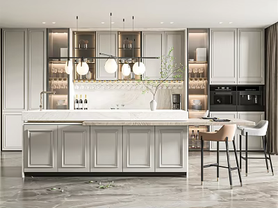 Modern Restaurant Kitchen Interior With White Cabinets Island Counter Pendant Lights And Bar Stools 3d model