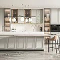 Modern Restaurant Kitchen Interior With White Cabinets Island Counter Pendant Lights And Bar Stools