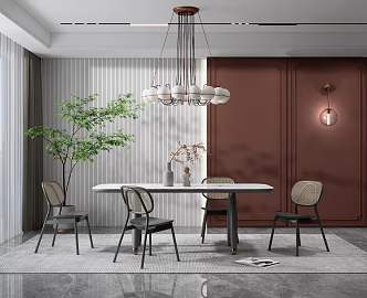 modern dining table and chair combination home chandelier potted plant 3d model