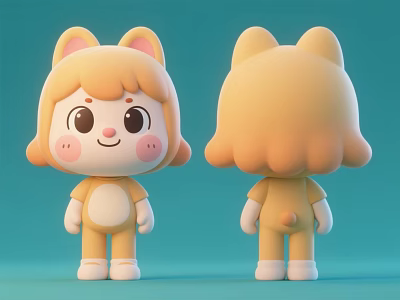 Cartoon Woman in Yellow Jumpsuit with Cat Ears Front and Back Views on Blue Background 3d model