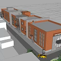 Modern Commercial Complex With Red Brick Structure Grey Roof Windows And Greenery 3d model