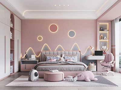Cozy Kids Room With Pink Walls Neon Circular Wave Decor Bed Desk And Stuffed Toys 3d model