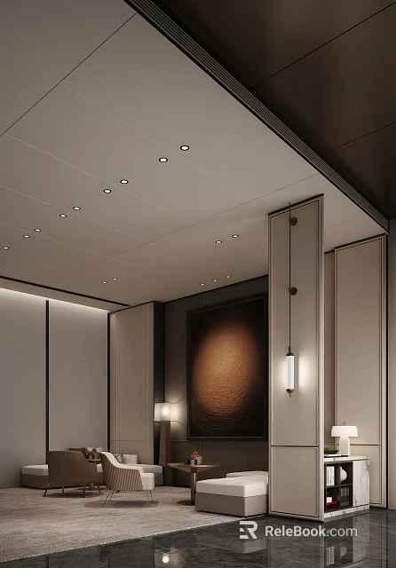 Modern Hotel Public Lounge Area with Plush Seating Warm Lighting and Decorative Wall Art 3d model 