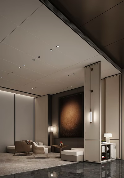 Modern Hotel Public Lounge Area with Plush Seating Warm Lighting and Decorative Wall Art 3d model