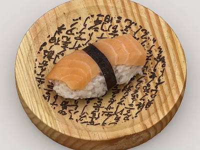 Fresh Salmon Sushi On Wooden Plate With Rice And Nori 3d model