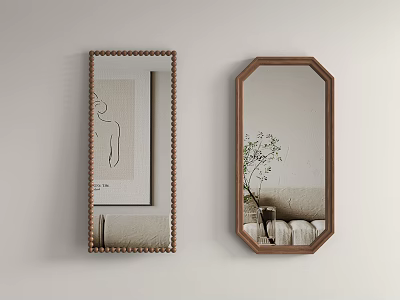 Decorative Rectangular and Octagonal Wall Mirrors with Wooden Frames and Potted Plant 3d model