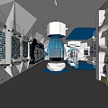 Modern Exhibition Hall With Geometric White Structures Blue Accents Display Screens And Booths