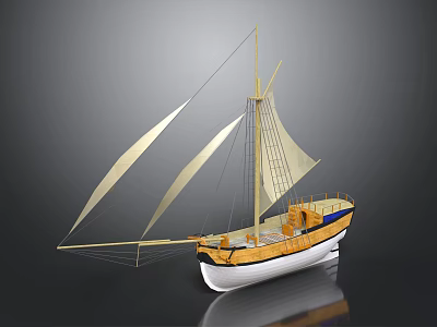 Wooden Sailing Boat Model With White Hull Beige Sails And Yellow Upper Structure 3d model