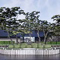 Serene Garden Landscape With Lush Trees Water Features And Modern Architecture