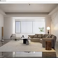Modern Living Room Interior Design With Beige Sofa Large Windows Blinds And Area Rug