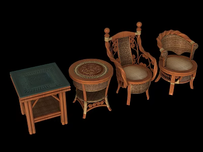 Wicker Lounge Chairs With Wooden Frame And Matching Side Tables For Leisure Areas 3d model