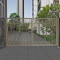Modern Metal Entrance Gate With Stone Walls Trees And High Rise Buildings