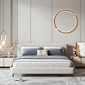 Modern Bedroom Interior With Double Bed Upholstered Headboard Nightstands Wall Art And Hanging Lights