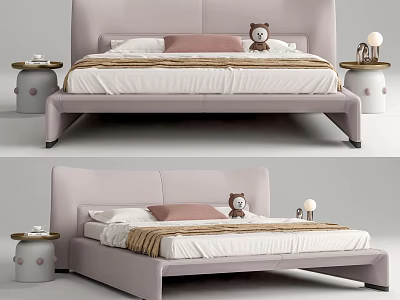 Modern Children's Bed With Light Pink Headboard Teddy Bear And Nightstands 3d model