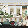 Traditional Chinese Setting With Man Holding Vessel Bonsai Scrolls Bamboo And Mountain Decorations