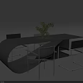 Modern Black Curved Table with White and Black Chairs and Green Plant Centerpiece