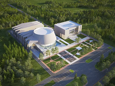 Aerial View Planning of Modern Architecture Circular Structure Square Design with Green Trees and Plaza Area 3d model