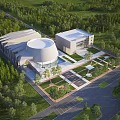 Aerial View Planning of Modern Architecture Circular Structure Square Design with Green Trees and Plaza Area