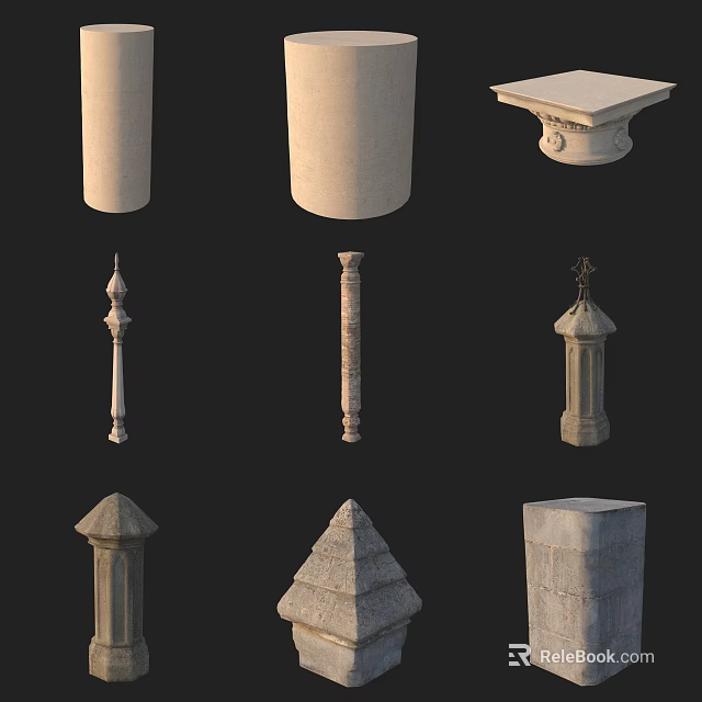 Various Decorative Stone Columns With Carved Patterns Ornate Capitals And Base Designs 3d model
