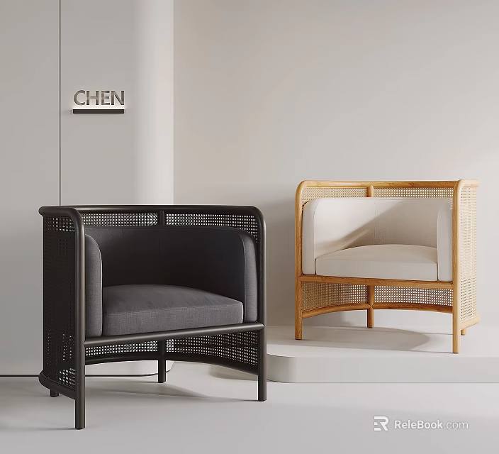 Modern Rattan And Wooden Frame Armchairs With Gray White Cushion Design For Living Room 3d model 