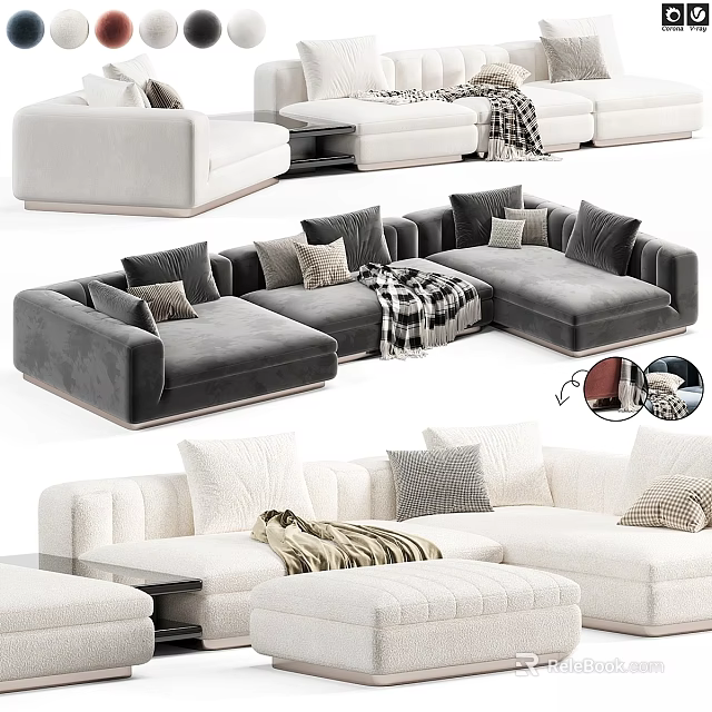 Modern Double Sofa With Gray White Upholstery Plush Pillows And Cozy Blanket 3d model 