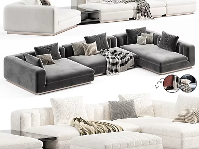 Modern Double Sofa With Gray White Upholstery Plush Pillows And Cozy Blanket 3d model