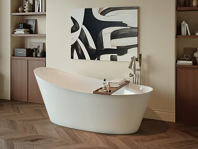 Freestanding White Bathtub with Sleek Design in Modern Bathroom Wooden Floor and Artwork 3d model