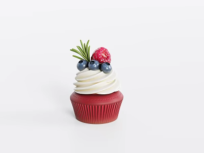 Red Cupcake With White Frosting Topped With Blueberries Raspberry And Green Garnish 3d model