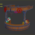 Wooden Curved Bar Counter With Steering Wheel Decorations Pillars Wine Barrels And Wine Bottles