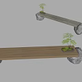 Landscape Benches with Wooden Slats and Stone Supports Featuring Small Potted Plants