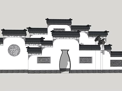 Traditional Chinese Scenic Wall Featuring Black Roofs White Walls Circular Carvings and Vase Gateway 3d model