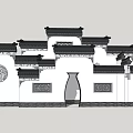 Traditional Chinese Scenic Wall Featuring Black Roofs White Walls Circular Carvings and Vase Gateway