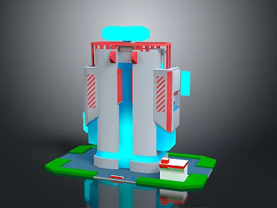 Modern 3D Tall Structure With Blue Top Red White Accents Green Base And Small Building 3d model