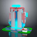 Modern 3D Tall Structure With Blue Top Red White Accents Green Base And Small Building