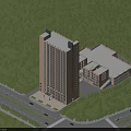 Modern High Rise Residential Building Surrounded by Lush Green Trees with Adjacent Buildings Near Road