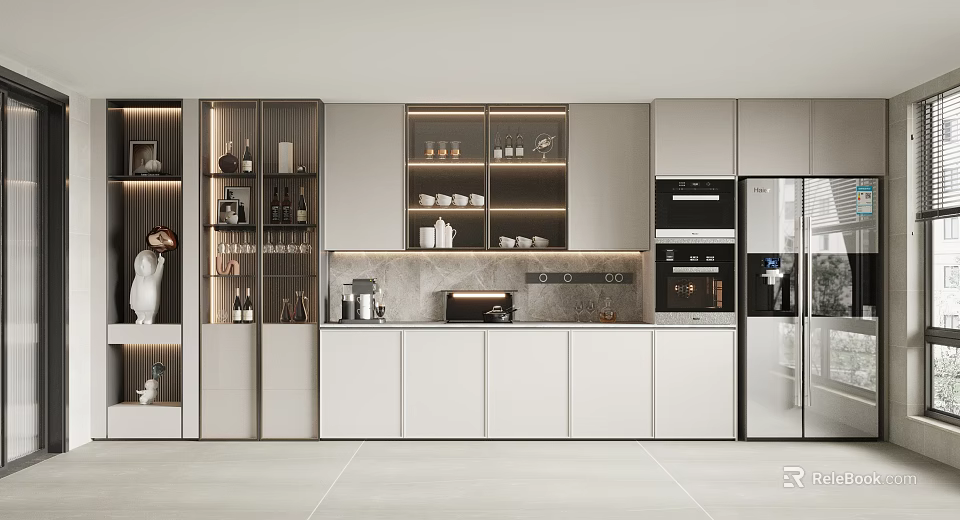 Modern Kitchen Interior With Gray Cabinets Glass Door Storage And Stainless Steel Appliances 3d model 
