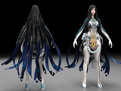 Woman with long black hair in white and blue outfit adorned with flowing blue ribbons 3d model