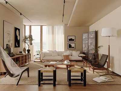 Warm Beige Living Room Interior With Large Windows Curtains White Sofa And Wooden Coffee Table 3d model