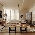 Warm Beige Living Room Interior With Large Windows Curtains White Sofa And Wooden Coffee Table