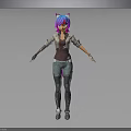 Anime Style 3D Character Model With Pink Purple Hair Cat Ears Jacket And Jeans