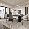 Modern Elegant Restaurant Interior With Floor To Ceiling Windows Dining Table Chairs And City View 3d model