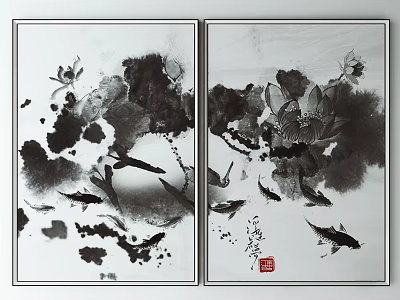 Chinese Traditional Ink Paintings Featuring Lotus Flowers And Koi Fish 3d model