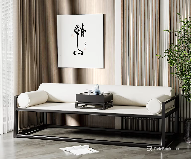 Modern Chinese Arhat Bed Interior With Wooden Frame Upholstered Cushion And Wall Art 3d model 