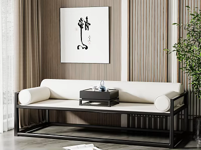 Modern Chinese Arhat Bed Interior With Wooden Frame Upholstered Cushion And Wall Art 3d model