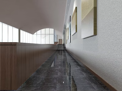 Elevator Hallway With Shiny Black Marble Floor Wooden Walls Framed Artworks And Arched Windows 3d model